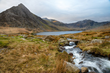 Stormy skies over Tryfan mountain in the Ogwen Valley in Snowdonia, Wales