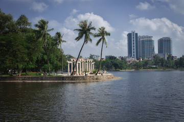 Aerial view of urban skyline at twilight. Hanoi cityscape with Bay Mau lake view