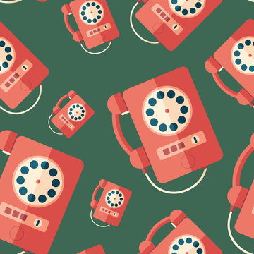 Red Retro Payphone Flat Icon Seamless Pattern.