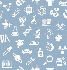 Science, background, seamless, gray-blue, vector.White flat icons on a gray-blue field. Different types of scientific activities. Colored background.    