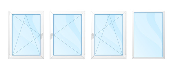 Windows with white frames and blue glass set isolated vector illustration.