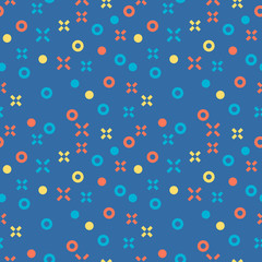 Seamless abstract pattern. Geometric background with light red, blue and yellow crosses and circles. Vector illustration.
