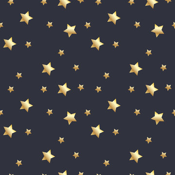 Seamless pattern with gold stars on dark grey background. Vector illustration.
