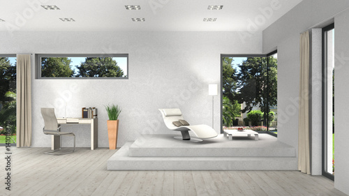 modernes wohnzimmer, modernes wohnzimmer interior mit verschiedenen fenstern und ausblick, Design ideen