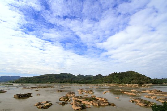 Water eroded rocks and islets in mekong river at sangkhom district, Nong Khai province, Thailand.