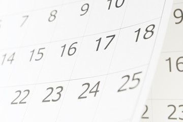 Closeup of dates 17 on calendar page