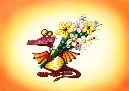 Funny red dragon with a bouquet of flowers