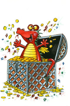 Happy dragon and the treasure chest, coins and jewels