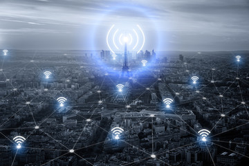 Paris smart city scape and network connection concept, wireless signal of internet in business...
