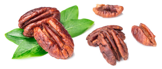 dried pecan fruit on white, with fresh green leaves, (large depth of field, taken with tilt shift lens)