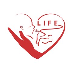 Pro - life, embryo in hand, surrounded by heart , logo