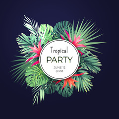 Dark vector floral banner template for summer beach party. Tropical flyer with green exotic plants and red flowers.