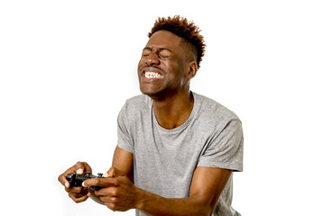  afro american man using remote controller playing video game happy and excited