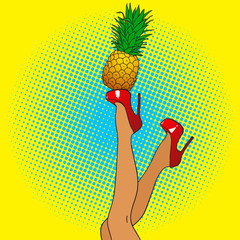 Pop art female legs in red shoes on high heels with pineapple. Comic style