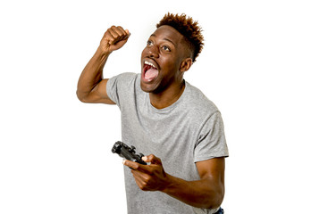  afro american man using remote controller playing video game happy and excited
