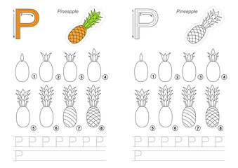 Drawing tutorial. Game for letter P. Pineapple.