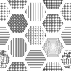 Abstract seamless geometric background with hexagons with different texture, hatching - obrazy, fototapety, plakaty