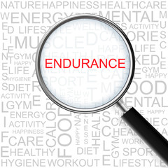 Endurance. Magnifying glass over seamless background with different association terms.