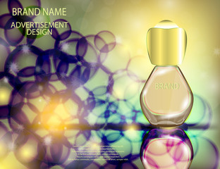 Glamorous perfume glass bottle on the sparkling effects background.