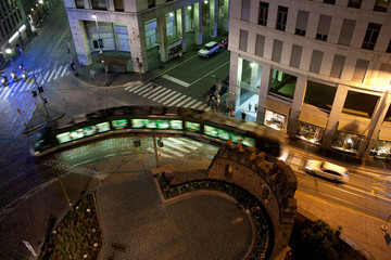 Milan street at night, aerial view. Lombardia, Italy