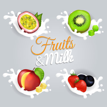 Fruit Splashing in Milk Colorful Vector Poster