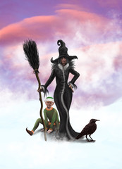 A witch, Elf and a raven