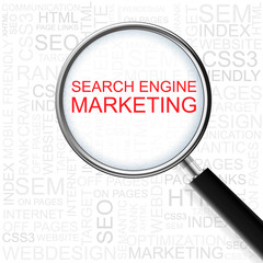 Search Engine Marketing. Magnifying glass over seamless background with different association terms.