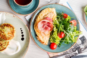 Photo sur Plexiglas Oeufs sur le plat Omelet, fried eggs, bacon, salad, breakfast, eggs, morning, fritters