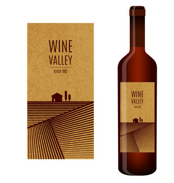 Vector wine label with abstract landscape and bottle of wine with this label
