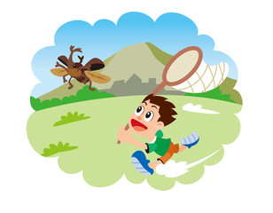 昆虫採集、虫取り、虫あみと子供、カブトムシ、チョウチョ、トンボ