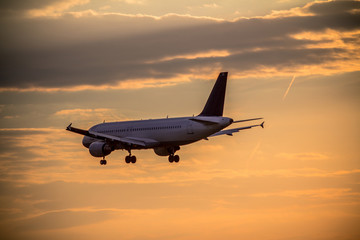 Fototapeta na wymiar Airplane landing at sunset