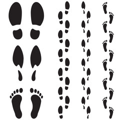Footprint icons set. Male, female, barefoot. Footprints trail. Flat design. Abstract concept. Vector illustration.