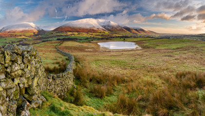 View of Blencathra and Tewet Tarn with dramatic clouds.