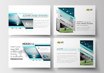 Set of business templates for presentation slides. Flat design blue color travel decoration layout, easy editable vector template, colorful blurred natural landscape.