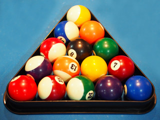 Billiard balls near by cue and chalk