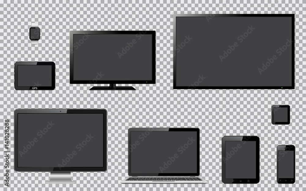Poster set of realistic tv, computer monitor, laptop, tablet, mobile phone, smart watch and gps navigation 