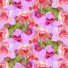 Obraz na płótnie Canvas Beautiful floral background of roses and orchids 