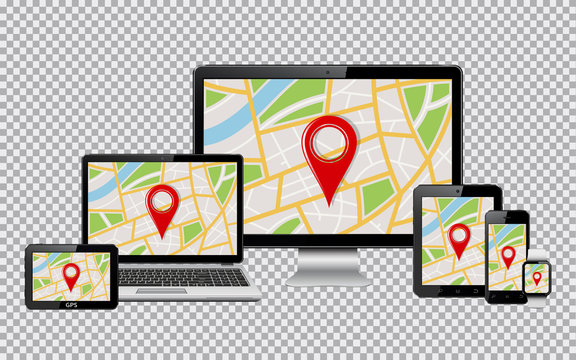 Set of realistic computer monitor, laptop, tablet, mobile phone, smart watch and GPS navigation system device. Isolated on transparent background.