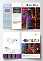 Business templates for bi fold brochure, magazine, flyer, booklet, report. Cover design template, abstract vector layout in A4 size. Glitched background made of colorful pixel mosaic. Glitch backdrop.