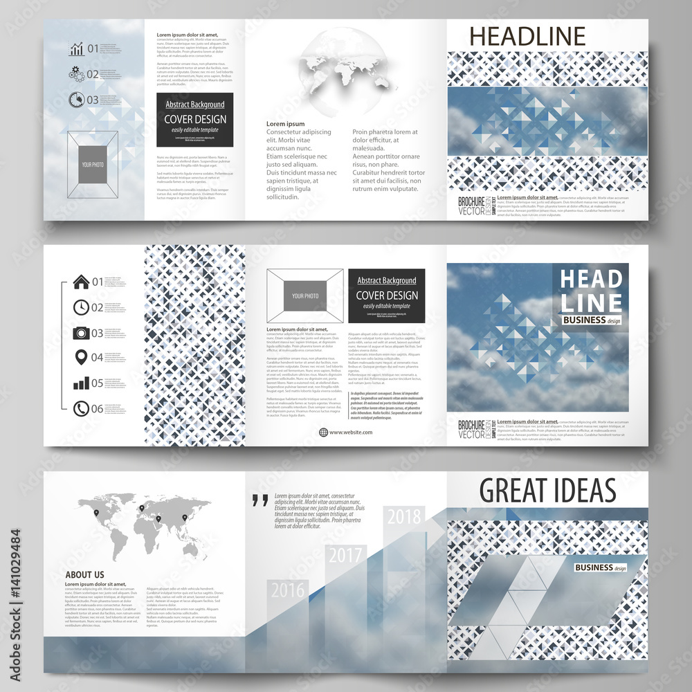 Poster business templates for tri fold square brochures. leaflet cover, flat style layout. blue color patte