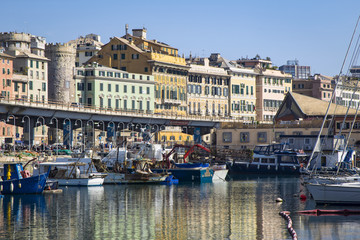 Boats moored in the Old Port, Genoa