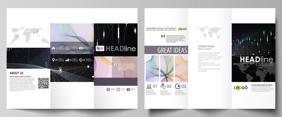 Tri-fold brochure business templates. Easy editable vector layout. Colorful abstract design infographic background in minimalist style with lines, symbols, charts, diagrams and other elements.