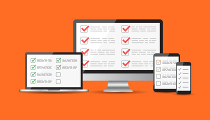 Online survey, checklist set. Tablet, computer, mobile blank screen. Feedback business concept. Flat vector illustration for web site, mobile app.