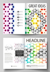 Business templates for bi fold brochure, flyer, report. Cover template, abstract vector layout in A4 size. Chemistry pattern, hexagonal design molecule structure. Geometric colorful background.