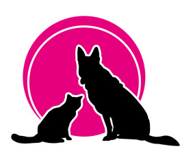 Vector round icon. Cat and dog on the background of magenta circle. Vector illustration