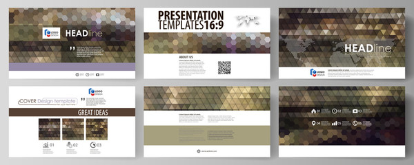 Fototapeta na wymiar Business templates in HD format for presentation slides. Easy editable vector layouts in flat design. Abstract multicolored backgrounds. Geometrical patterns. Triangular and hexagonal style.