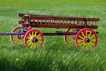 Vintage Wooden Cart in the Meadow - Traditional antique horse drawn wooden cart - 141032068