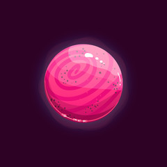 Obraz premium Fantasy planet logo. Flat style vector illustration for games and apps. Candy pink planet on black background.