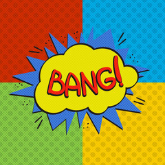Pop art bang logo. Retro style poster. Vector pop art illustration. Comic style logo. Pop art comics icon. Bang! wording comic speech bubble.