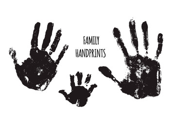 Family handprints vector illustration. Watercolor family handprints of mom, dad, and child. Social illustration.